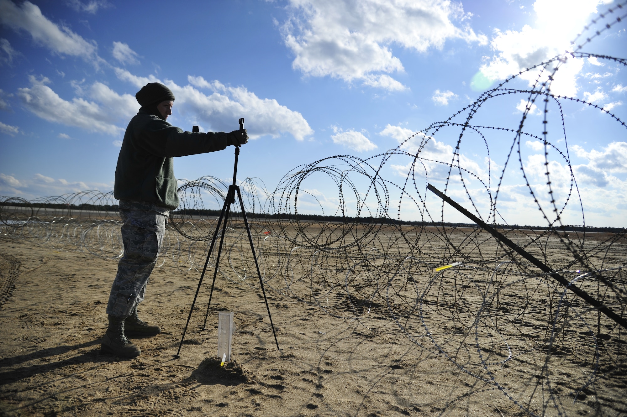 Staff Sgt. Kim Cribbs conducts a field observation during exercise Eagle Flag 13-2 March 19, 2013, at Joint Base McGuire-Dix-Lakehurst, N.J. Cribbs is a member of the 621st Contingency Response Wing stationed and is supporting the validation of a Joint Task Force Port Opening team. Cribbs is a 817th Global Mobility Readiness Squadron weather technician. (U.S. Air Force photo/Tech. Sgt. Parker Gyokeres)