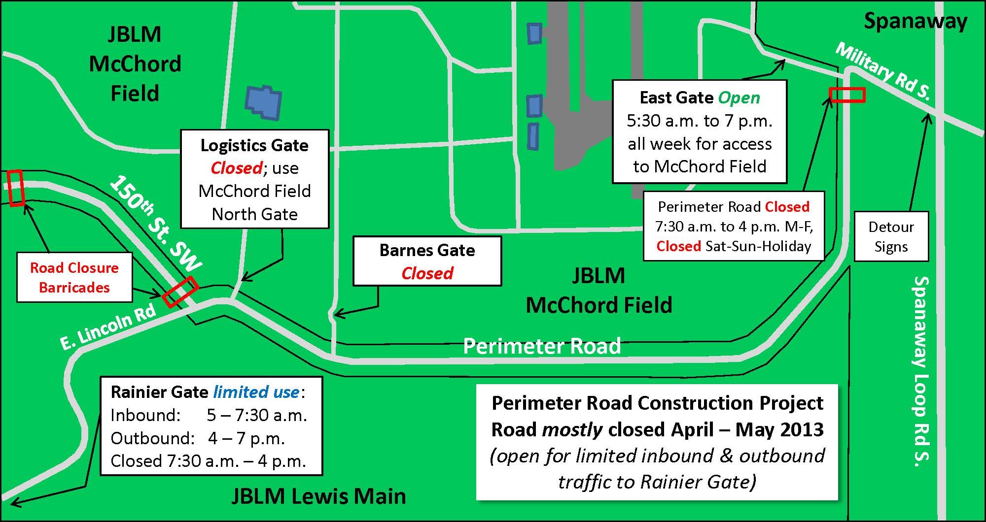 A major road construction project on Perimeter Road, the road which bisects JBLM Lewis-Main and McChord Field, will begin April 1 and last through May. (Courtesy photo)