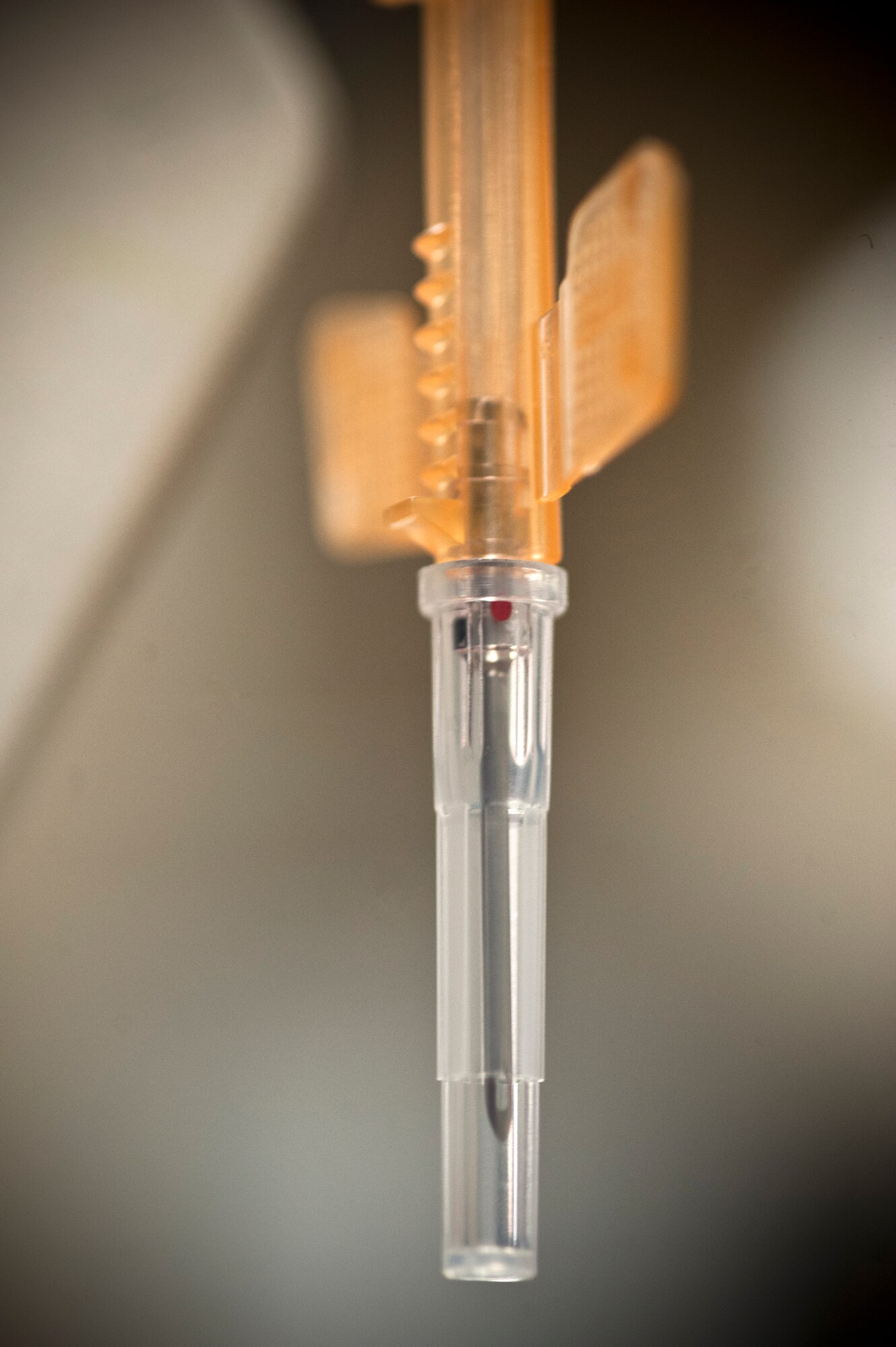 Sterile needles are always used to withdraw blood from donors. The process for donating blood takes approximately one hour, which includes the interview, donation, and refreshments. The blood drive was held at the outdoor recreation center and was open to all eligible donors at Nellis Air Force Base, Creech AFB and the Nevada Test and Training Range. (U.S. Air Force photo by Airman 1st Class Jason Couillard)