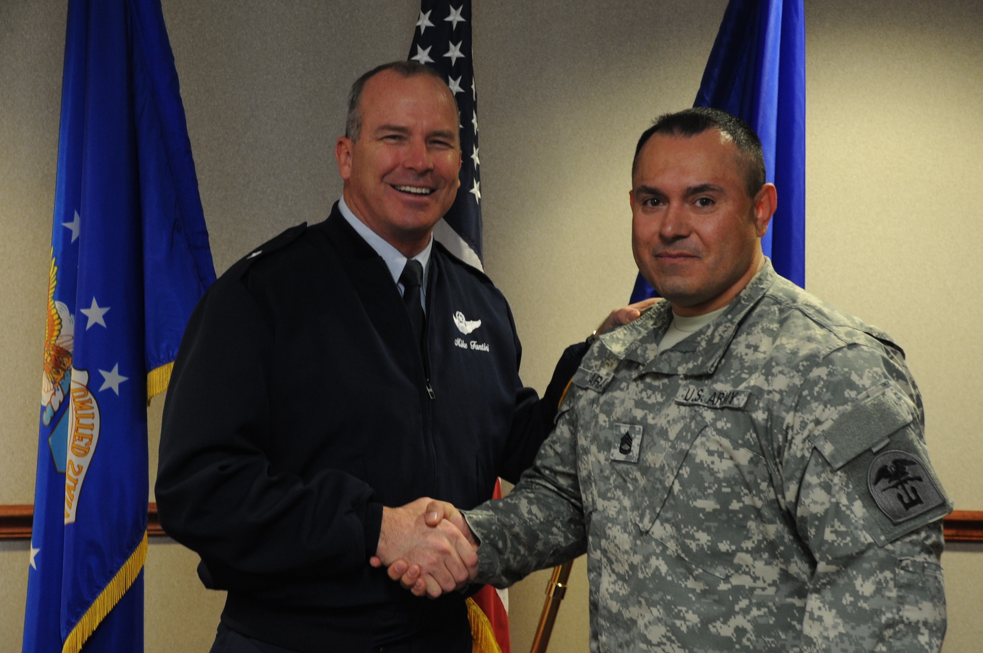 Sgt. 1st Class Johnny A. Jara of the 366th Training Squadron is congratulated for being the wingman of choice by Brig. Gen. Michael Fantini, commander of the 82nd Training Wing. Jara was selected for his community service efforts, leadership and professional skills.