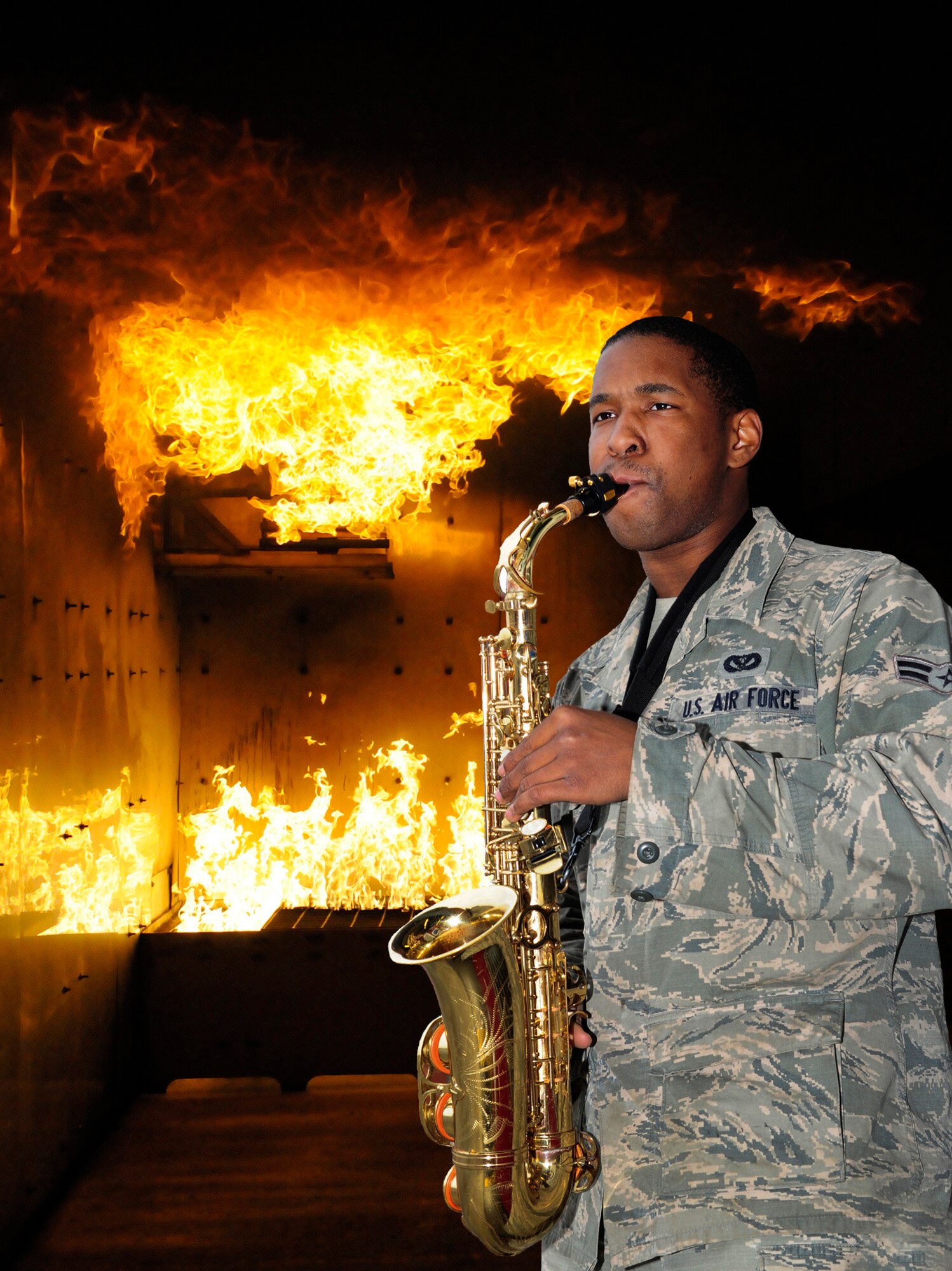 Airman 1st Class Bobby Lucas, 100th Civil Engineer Squadron Fire Department firefighter, recently became a member of the 2013 Tops in Blue 33-piece group as one of only two saxophonists. Lucas will leave for Joint Base San Antonio, Texas, in April. The firefighter, a native of Toledo, Ohio, will be away from RAF Mildenhall for one year, performing for service members and their families around the world. (Photo illustration by Senior Airman Ethan Morgan/Released).
