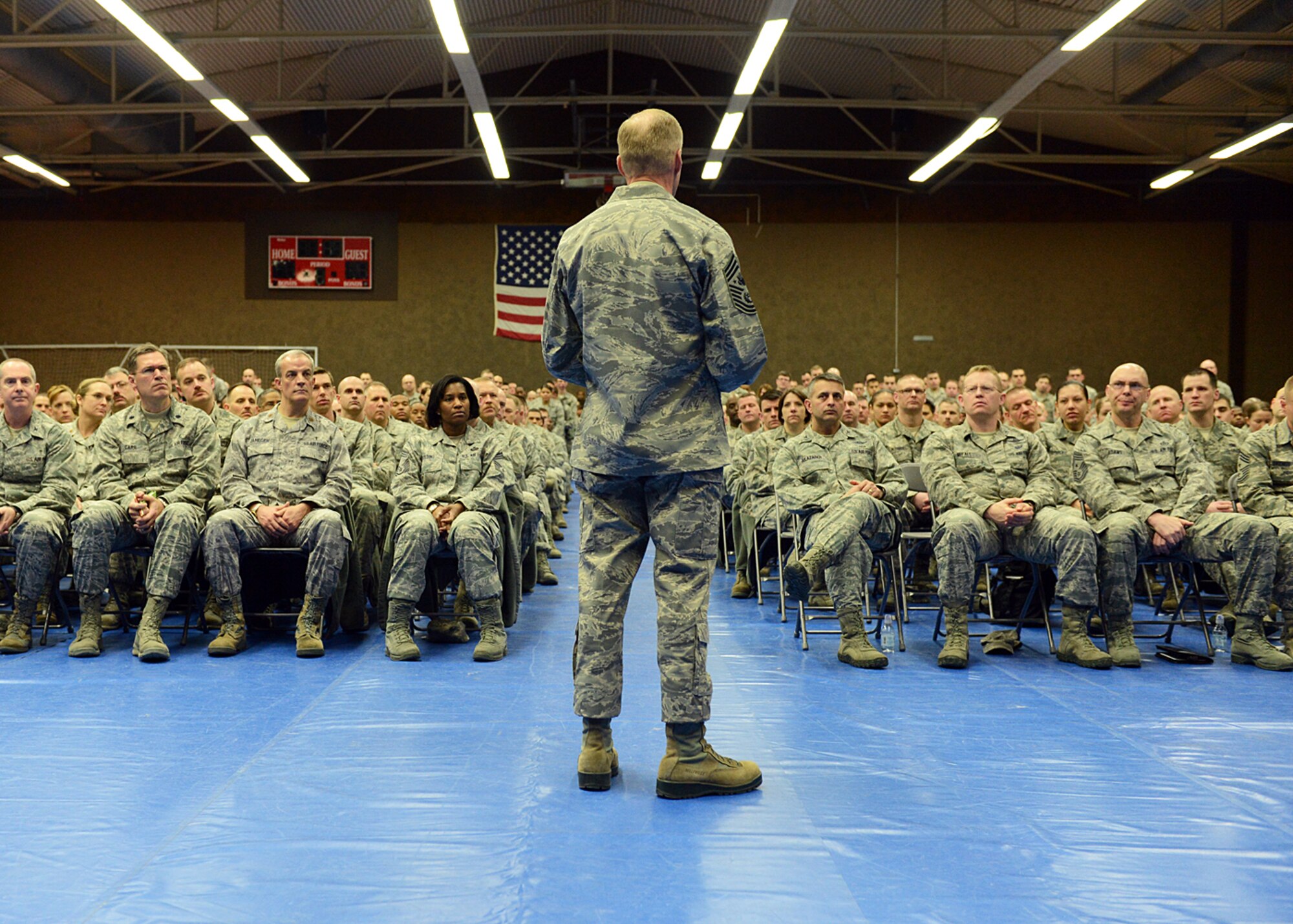 SPANGDAHLEM AIR BASE, Germany -- Chief Master Sgt. of the Air Force James Cody addresses a crowd of Spangdahlem Air Base Airmen inside the Skelton Memorial Fitness Center during his Airmen’s call March 25, 2013. The topics of discussion included the tuition assistance, the effects of sequestration on force readiness, and the balance Airmen must make between work and homelife. (U.S. Air Force photo by Staff Sgt. Daryl Knee/Released)