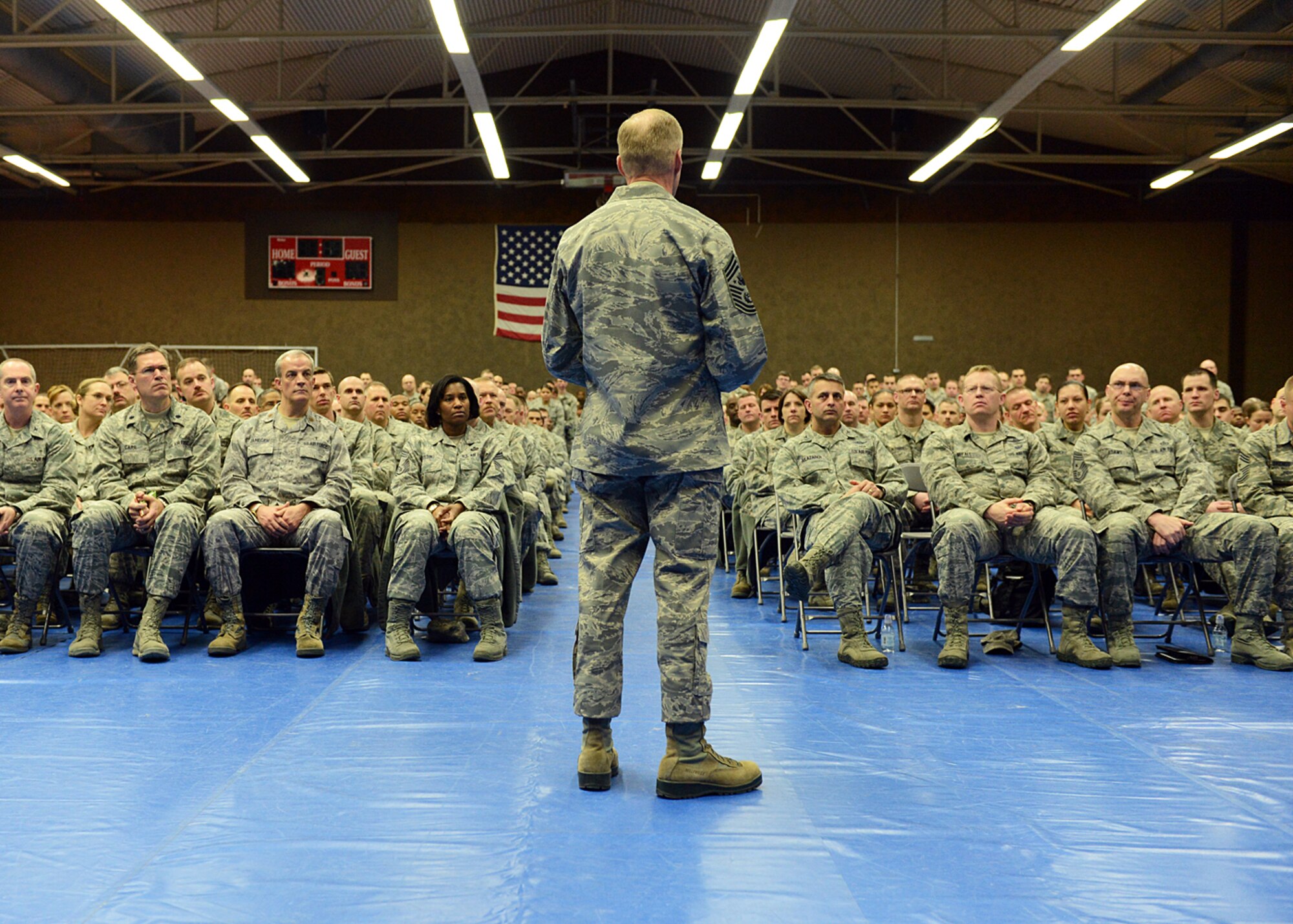 SPANGDAHLEM AIR BASE, Germany -- Chief Master Sgt. of the Air Force James Cody addresses a crowd of Spangdahlem Air Base Airmen inside the Skelton Memorial Fitness Center during his Airmen’s call March 25, 2013. The topics of discussion included the tuition assistance, the effects of sequestration on force readiness, and the balance Airmen must make between work and homelife. (U.S. Air Force photo by Staff Sgt. Daryl Knee/Released)