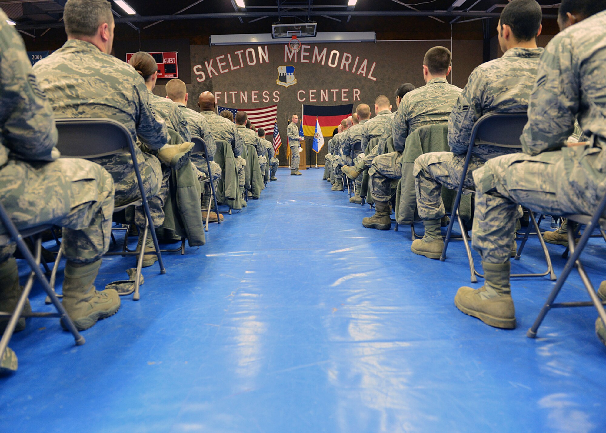 SPANGDAHLEM AIR BASE, Germany -- Chief Master Sgt. of the Air Force James Cody addresses a crowd of Spangdahlem Air Base Airmen during his Airmen’s call March 25, 2013. More than 2,000 Airmen packed into the Skelton Memorial Fitness Center to hear Cody talk about current situations the Air Force faces. (U.S. Air Force photo by Staff Sgt. Daryl Knee/Released)