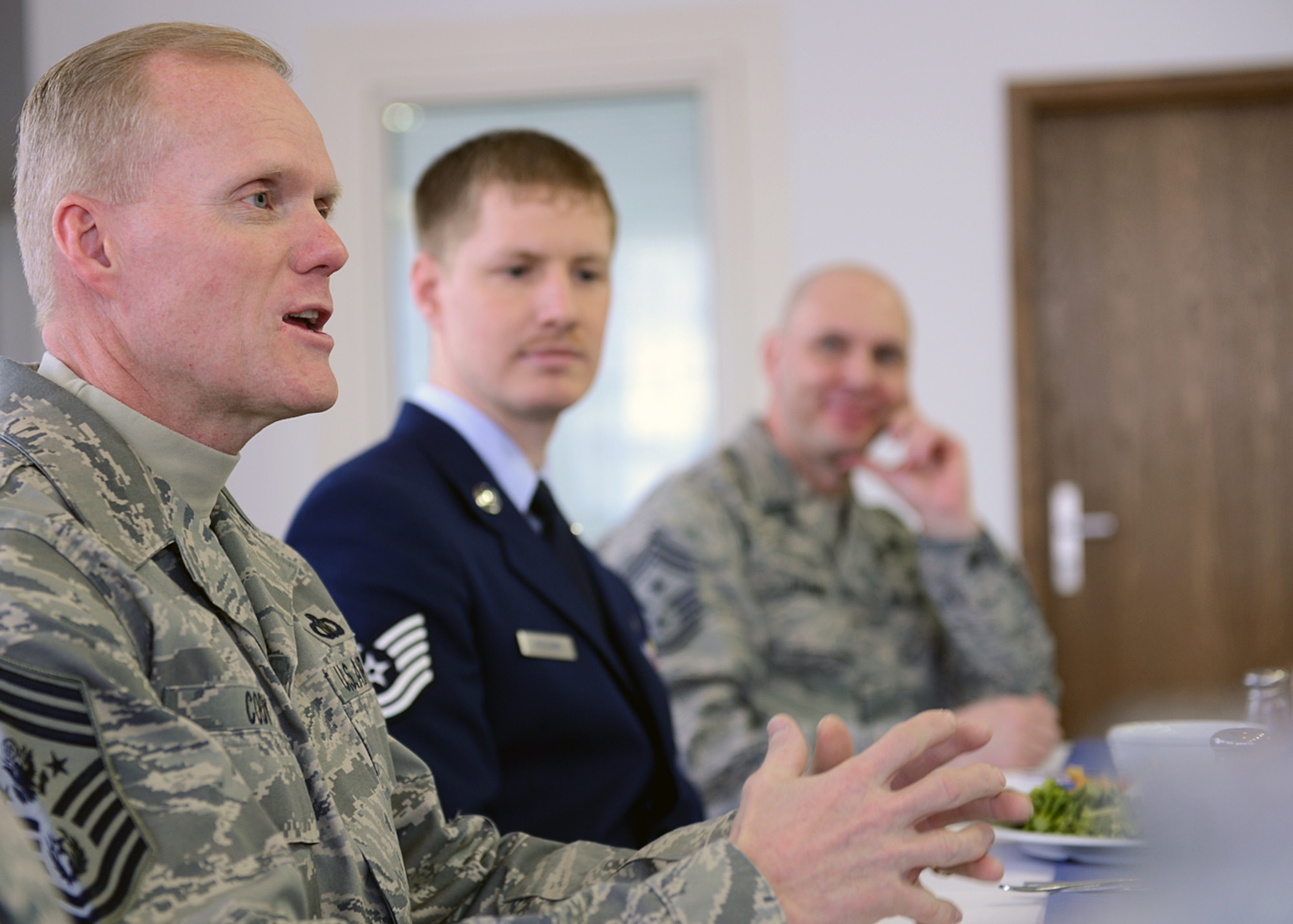 SPANGDAHLEM AIR BASE, Germany -- Chief Master Sgt. of the Air Force James A. Cody speaks with leaders of Spangdahlem Air Base’s professional military organizations at a luncheon inside the Mosel Dining Facility March 25, 2013. The groups provided the chief background information on their unit's contributions to the Spangdahlem community through both localized events and charity donations. (U.S. Air Force photo by Staff Sgt. Daryl Knee/Released)