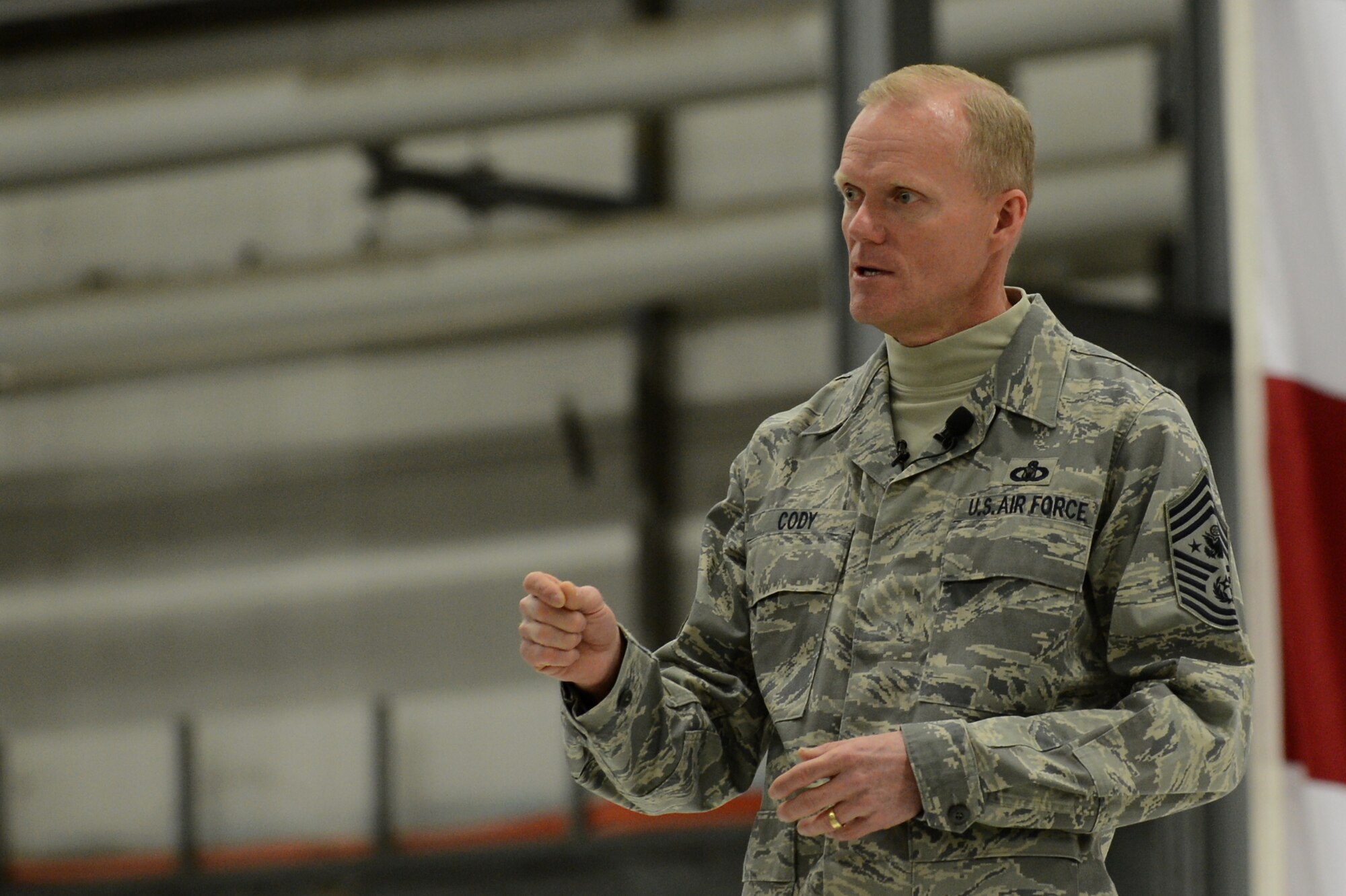 Chief Master Sgt. of the Air Force James A. Cody meets with Airmen from the 86 Airlift Wing at Ramstein Air Base, Germany, March 26, 2013. Cody visited with members of Team Ramstein to share the Air Force strategic vision. (U.S. Air Force photo/Senior Airman Caitlin O'Neil-McKeown)