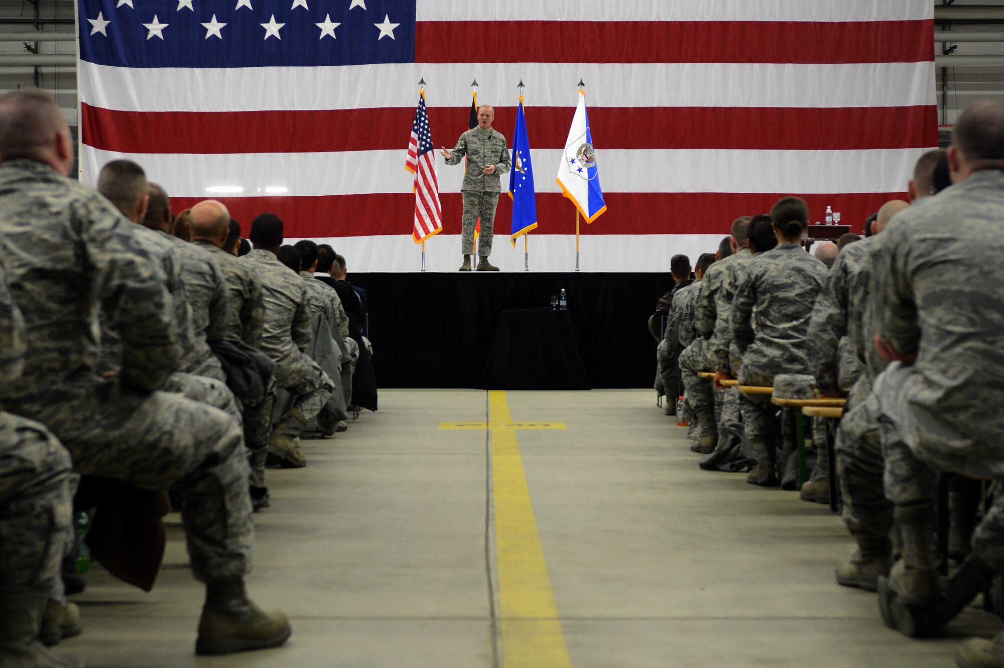 Chief Master Sgt. of the Air Force James A. Cody meets with Airmen from the 86 Airlift Wing at Ramstein Air Base, Germany, March 26, 2013. Cody visited with members of Team Ramstein to share the Air Force strategic vision. (U.S. Air Force photo/Senior Airman Caitlin O'Neil-McKeown)