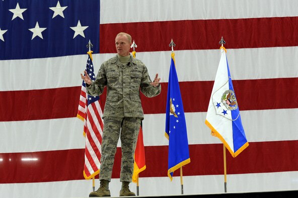Chief Master Sgt. of the Air Force James A. Cody meets with Airmen from the 86 Airlift Wing at Ramstein Air Base, Germany, March 26, 2013. Cody visited with members of Team Ramstein to share the Air Force strategic vision. (U.S. Air Force photo/Senior Airman Caitlin O'Neil-McKeown)