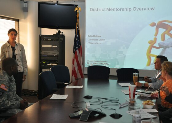 PHOENIX – Sallie McGuire, U.S. Army Corps of Engineers Los Angeles District Arizona Regulatory Branch chief, speaks with a group of employees at the District’s Arizona/Nevada Area Office Mar. 27 about the District’s mentoring program. Among the goals of the program are allowing employees the opportunity to develop deeper professional relationships and enhancing both the mentor’s and associate’s leadership and interpersonal skills. 