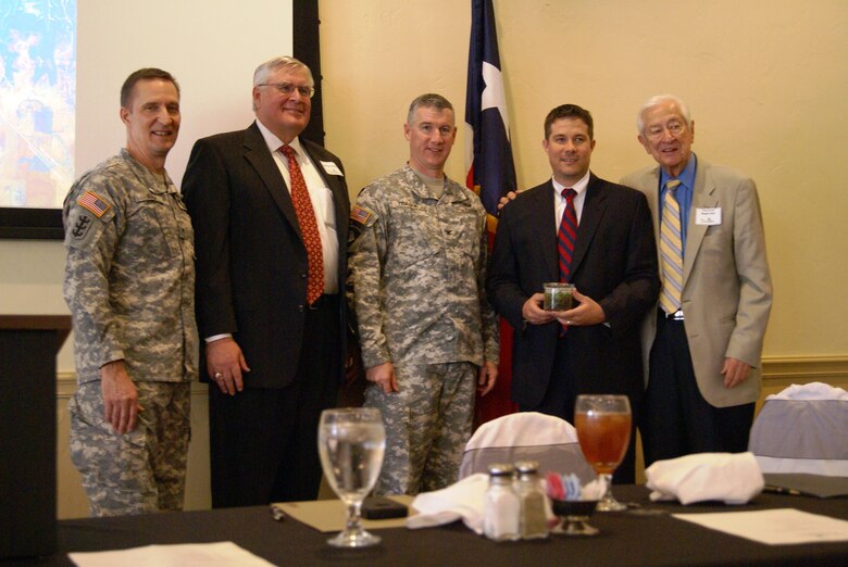 Brig. Gen. Thomas Kula, Southwestern Division commander, Developer George Schuler, Col. Michael Teague, Tulsa District commander, Denison Mayor Jared Johnson and Rep. Ralph Hall attend commemoration of land sale to city of Denison, Texas.