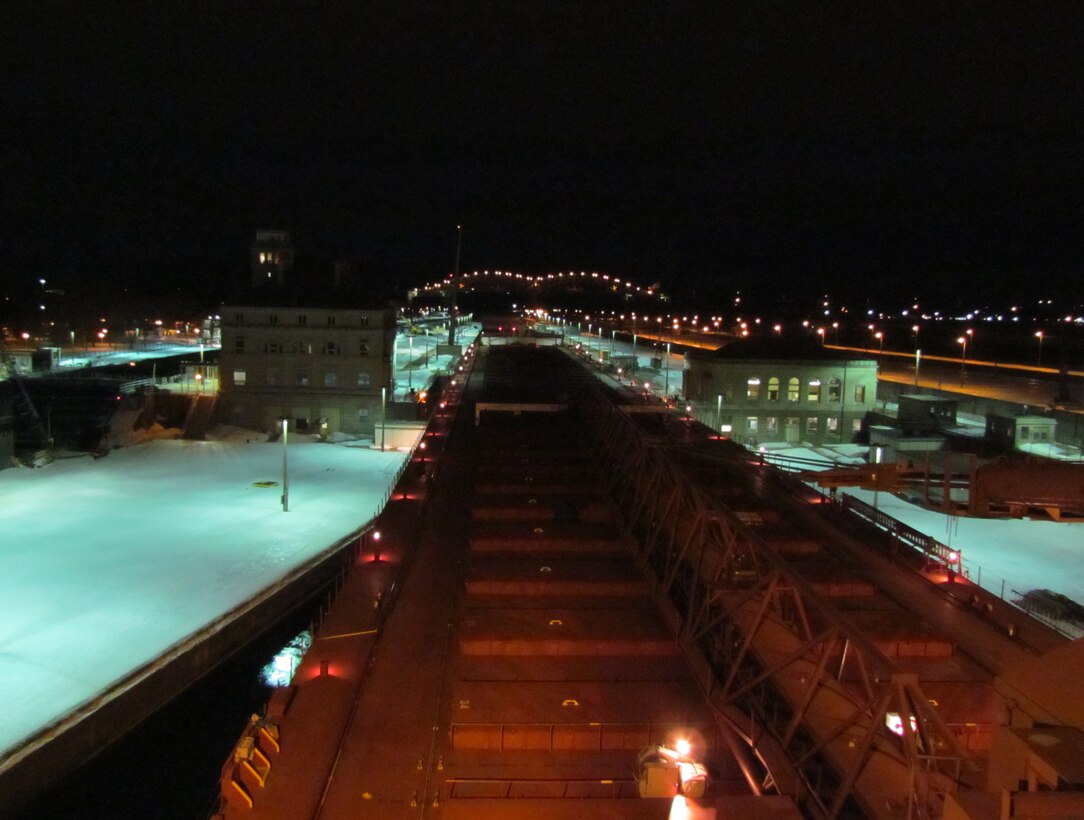 A view aboard the Paul R. Tregurtha as it enters the Poe Lock at the Soo Locks March 25, 2013. The Tregurtha was the first ship to lock through, marking the beginning of the 2013 shipping season.