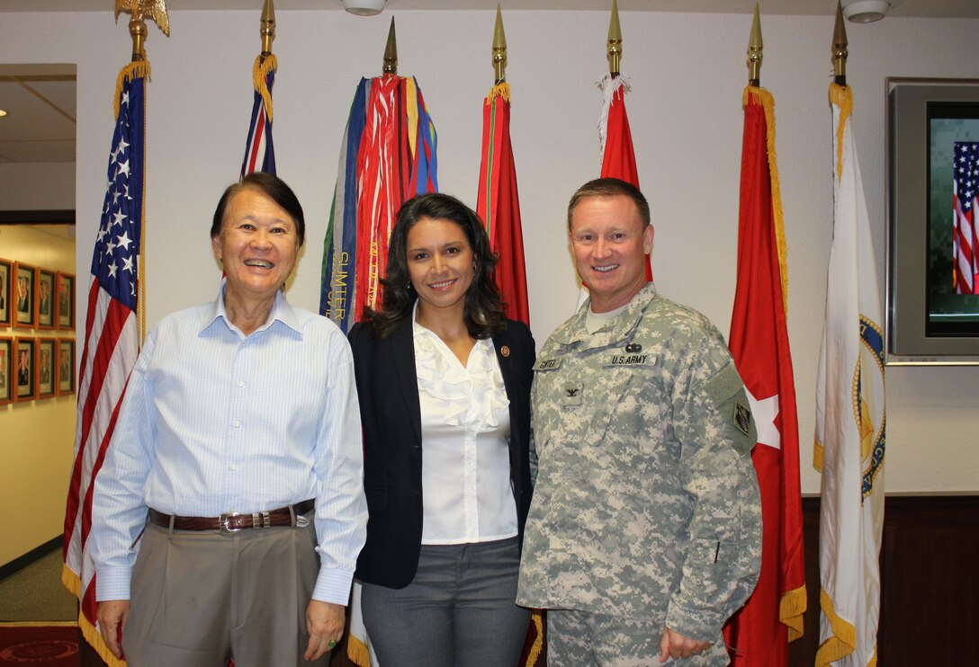 Eugene M. Ban, director of Programs (left), and Col. Gregory J. Gunter, commander of the Pacific Ocean Division, welcome U.S. Representative Tulsi Gabbard to Fort Shafter March 27. Leaders from the Pacific Ocean Division and Honolulu District hosted a visit by the U.S. Congresswoman and provided her an overview of the U.S. Army Corps of Engineers’ mission and capabilities in the Asia-Pacific region.