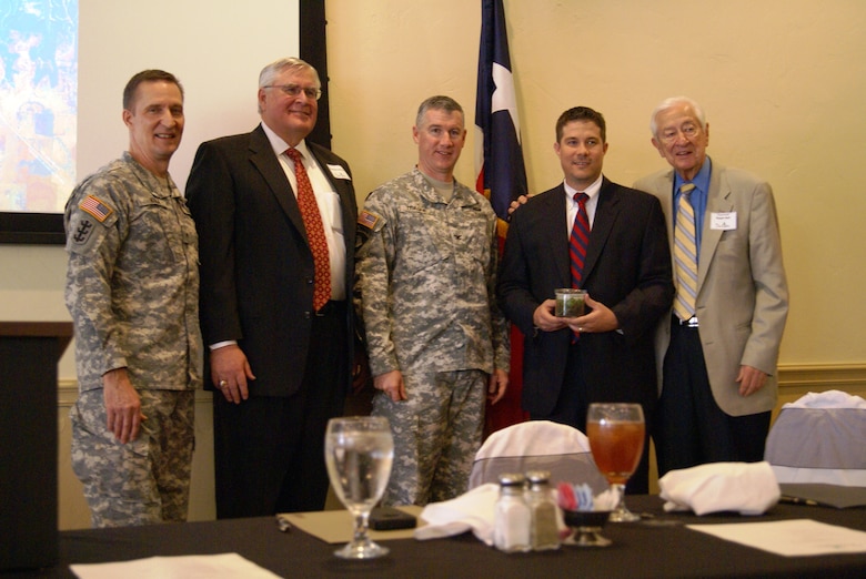 Brig. Gen. Thomas Kula, Southwestern Division commander, Developer George Schuler, COL Michael Teague, Tulsa District commander, Denison Mayor Jared Johnson and Rep. Ralph Hall attend commemoration of land sale to city of Denison, Tx