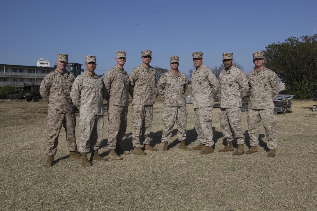 The Assistant Commandant of the Marine Corps, Gen. John M. Paxton, Jr., poses for a photo with Marines while on a base tour of Marine Corps Air Station Iwakuni, Japan, March 11, 2013. The tour was hosted by Col. James Stewart. (U.S. Marine Corps photo by Cpl. Tia Dufour/Released)