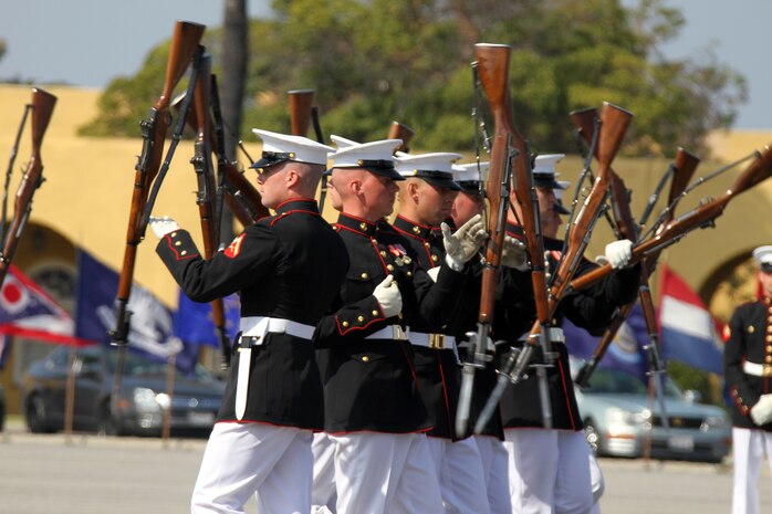 Marines with the United States Marine Corps Silent Drill Platoon, 8th and I Battle Color Detachment, perform precisino drill during the Battle Colors Ceremony aboard Marine Corps Recruit Depot San Diego, March 16. The United States Marine Corps Silent Drill Platoon is a 24-man rifle platoon. The Silent Drill Platoon first performed in the Sunset Parades of 1948. 