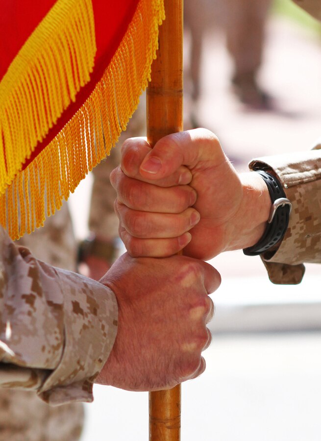 Col. Frank Donovan passes the 24th Marine Expeditionary Unit battle colors to Col. Scott F. Benedict, the incoming commanding officer for the 24th MEU, during a change of command ceremony aboard Camp Lejeune, N.C., March 21, 2013. Col. Benedict is responsible for leading the unit through its next training cycle and deployment scheduled for 2014. (Official USMC Photo by Cpl. Michael Petersheim/Released)