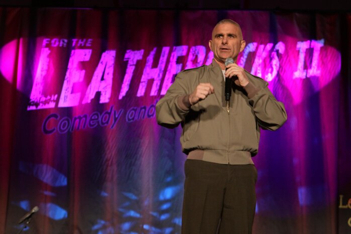 Headquarters and Headquarters Squadron Sgt. Maj. Robert Allen opened the Leatherneck Comedy Tour II, March 22.