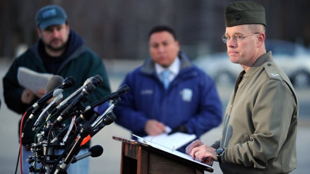 Col. David W. Maxwell speaks to reporters at the Marine Corps Museum in Triangle on March 22, following a double murder-suicide the night of March 21 that resulted in the deaths of three Marines. The tragedy remains under investigation by the Naval Criminal Investigative Service.