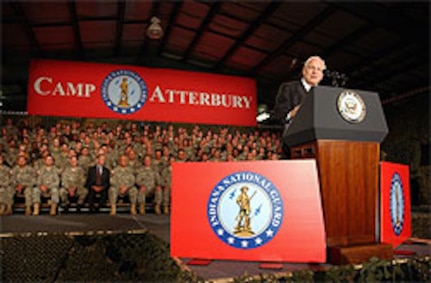Vice President Dick Cheney addresses Indiana National Guard Airmen, Soldiers and family members during an Oct. 20 military rally at Camp Atterbury, Ind.