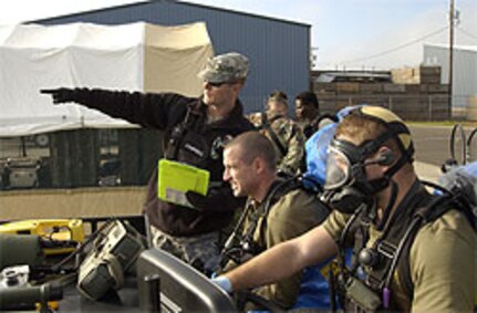 Sgt. Chris Campbell, (left), of the 102nd Civil Support Team, briefs Sgt. Richard Hosmer (center), and Sgt. Paul Edgerly (right), both CST Survey Team Members, at a CST demonstration event at the Marion County Regional Fire Training Facility in Brooks, Ore., on Oct. 27, 2006. Staff Sgt. John Reyes, Survey Team Chief & Sgt 1st Class Sharon Robertson, Logistics NCO, are in the background.