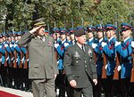 Zdravko Ponos, acting chief of the Serbian armed forces General Staff, and LTG H Steven Blum, chief of the National Guard Bureau, review Serbian Soldiers in Belgrade on Oct. 13 during talks about the Serbia's new alliance with Ohio as part of the National Guard's State Partnership Program.