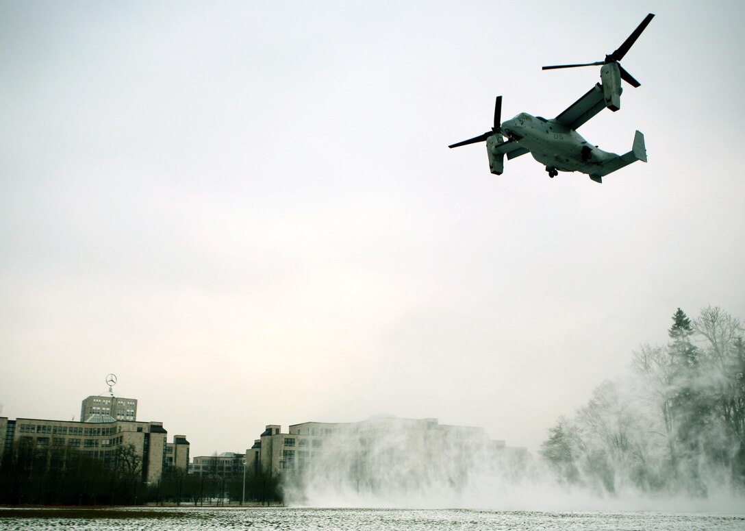 An MV-22B Osprey from Marine Tiltrotor Squadron 266 (Reinforced), 26th Marine Expeditionary Unit, II Marine Expeditionary Force, Camp Lejeune, N.C., lands on Kelley Field during a capabilities demonstration at Kelly Barracks, March 28. U.S. Marine Corps Forces Europe, U.S. Marine Corps Forces Africa, in coordination with U.S. European Command, U.S. Africa Command, the community of U.S. Army Garrison Stuttgart, Germany, received  “hands-on” experience with the MV-22B Osprey during a capabilities exercise on Patch Barracks, Kelly Barracks, and Stuttgart Army Airfield, that helped to familiarize the combatant commands with the possibilities and new abilities the aircraft could provide throughout their respective area of reach. The three MV-22 Osprey crews flew 1400 nautical miles from the Atlantic Ocean, without having to land to refuel, before arriving two days earlier. The MV-22 Osprey possess twice the speed, can fly twice as high, carry three times the payload, and travels five times the distance of other legacy, medium-lift helicopters. 
