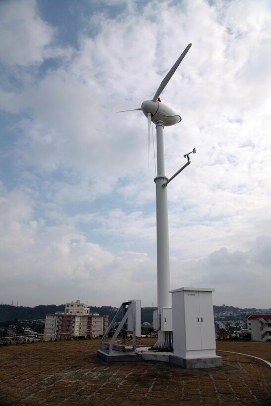 Japanese contractors recently constructed one of the Department of Defense’s first wind turbines in Japan adjacent to Building 1 on Camp Foster. The turbine is expected to be fully operational in mid-April and will generate clean power and help reduce MCB Camp Butler’s carbon footprint and utility costs, according to Tomoko Matsuzaki, an energy engineer with facilities engineers. 