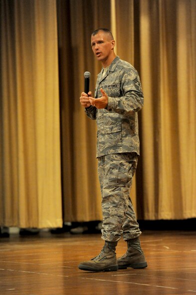 Chief Master Sgt. Steve McDonald, Pacific Air Forces command chief, speaks to 15th Wing Airmen during an enlisted call at Joint Base Pearl Harbor-Hickam, Hawaii, March, 27, 2013. McDonald took the opportunity to speak with Airmen face-to-face during the base tour to address questions and concerns about recent events affecting the Air Force in a time of uncertainty. (U.S. Air Force Tech. Sgt Jerome S. Tayborn)