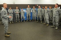 Chief Master Sgt. Steve McDonald, Pacific Air Forces command chief, addresses Airmen during a tour of the 15th Maintenance Group, Joint Base Pearl Harbor-Hickam, Hawaii, March 27, 2013. McDonald thanked the 15th Wing maintainers on behalf of the PACAF commander for their commitment to keeping the flying mission going.  (U.S. Air Force photo/Tech. Sgt. Jerome S. Tayborn)