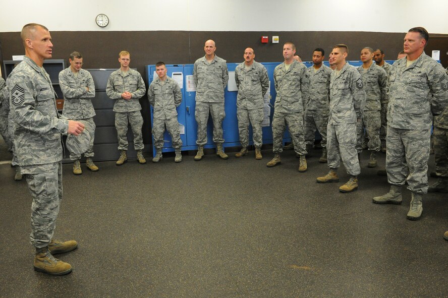Chief Master Sgt. Steve McDonald, Pacific Air Forces command chief, addresses Airmen during a tour of the 15th Maintenance Group, Joint Base Pearl Harbor-Hickam, Hawaii, March 27, 2013. McDonald thanked the 15th Wing maintainers on behalf of the PACAF commander for their commitment to keeping the flying mission going.  (U.S. Air Force photo/Tech. Sgt. Jerome S. Tayborn)