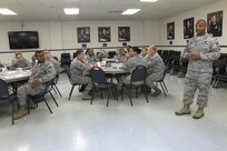 Chief Master Sgt. Perry McLaurin, with the 802nd Logistics Readiness Squadron, speaks to Airman during the 5/6 Biannual Speed Mentoring Session at JBSA-Lackland. (U.S. Air Force photo by Robbin Cresswell/Released)