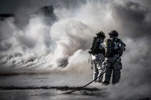 Firefighters from the 366th Civil Engineer Squadron extinguish a fire during a fire training exercise March 4, 2013, at Mountain Home Air Force Base, Idaho. Two teams worked in unison to push the fire back without it reigniting behind them. The training exercise was one component of a base-wide operational readiness exercise. (U.S. Air Force photo/Tech. Sgt. Samuel Morse)