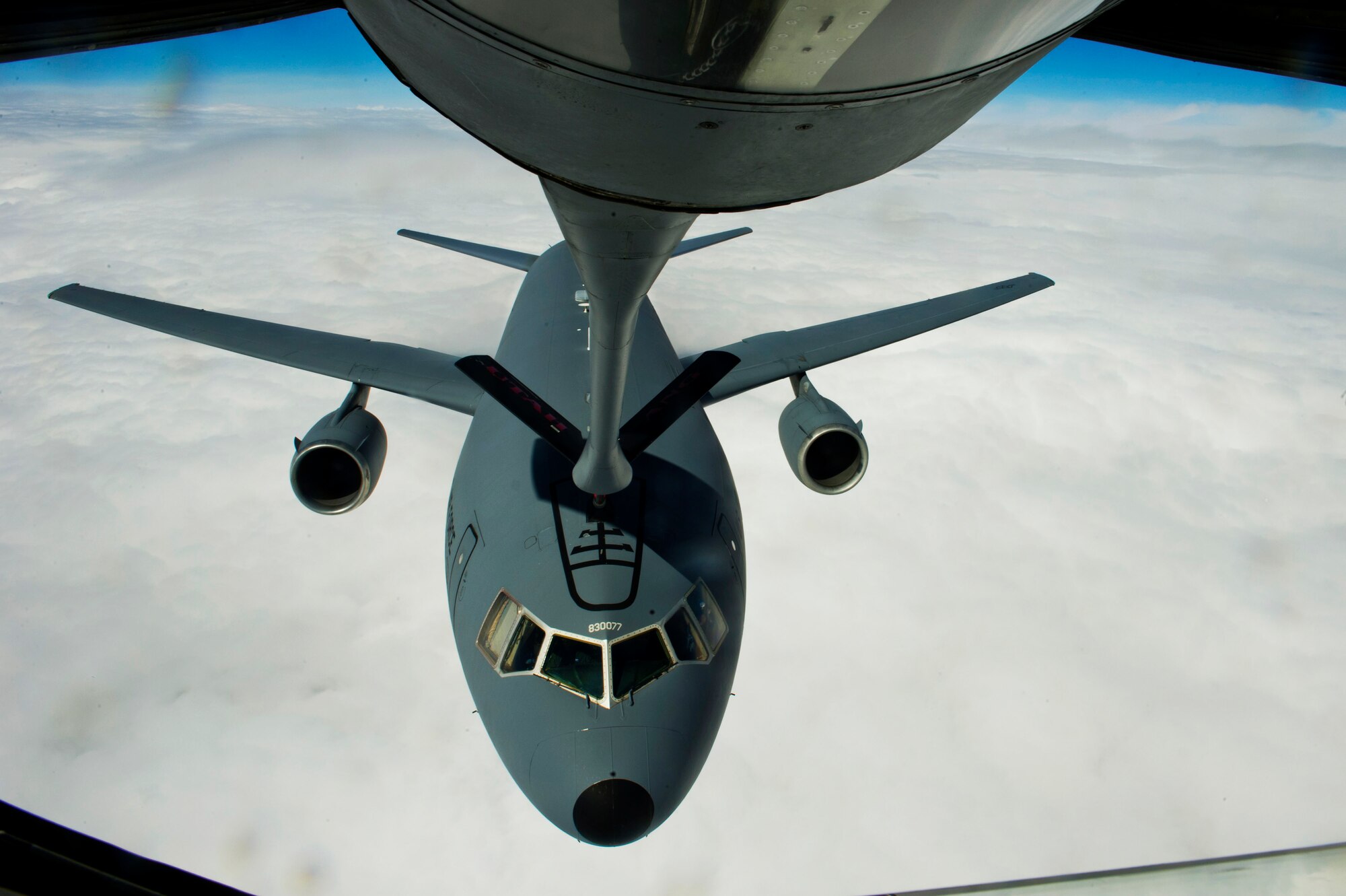 A KC-10A Extender, from the 349th Air Mobility Reserve Wing, Travis Air Force Base, Calif., gets refueled from a KC-135 Stratotanker, from the 151st Air Fueling Wing, Utah Air National Guard, April 26, 2012. The 151st Air Refueling Wing routinely supports air operations across the western United States. (U.S. Air Force photo by Staff Sgt. Stephany Richards/Released)