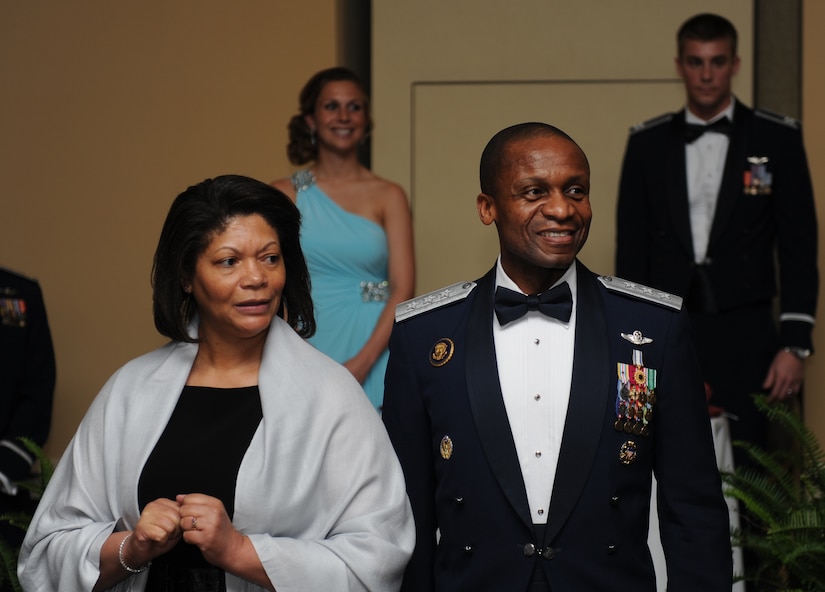 Lt. Gen. Darren McDew, 18th Air Force commander, accompanied by his wife Evelyn, stands to greet the crowd during the Order of the Pelican ceremony at the Francis Marion Hotel, Charleston, S.C., March 23, 2013. The Order of the Pelican is an award recognizing extraordinary contributions to the 14th Airlift Squadron.
(U.S. Air Force Photo by Airman 1st Class Alexandra Minor)