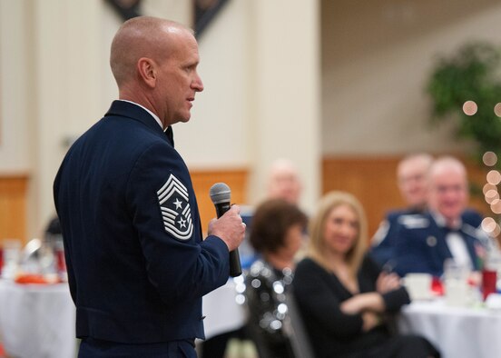 Chief Master Sgt. Brian Hornback, Air Force Global Strike Command command chief, speaks to the newest chief master sergeant selects at the Chief’s Recognition Banquet on March 22 at the Grizzly Bend. The ceremony was held to recognize them for their selection to the top enlisted rank. (U.S. Air Force photo / Beau Wade)