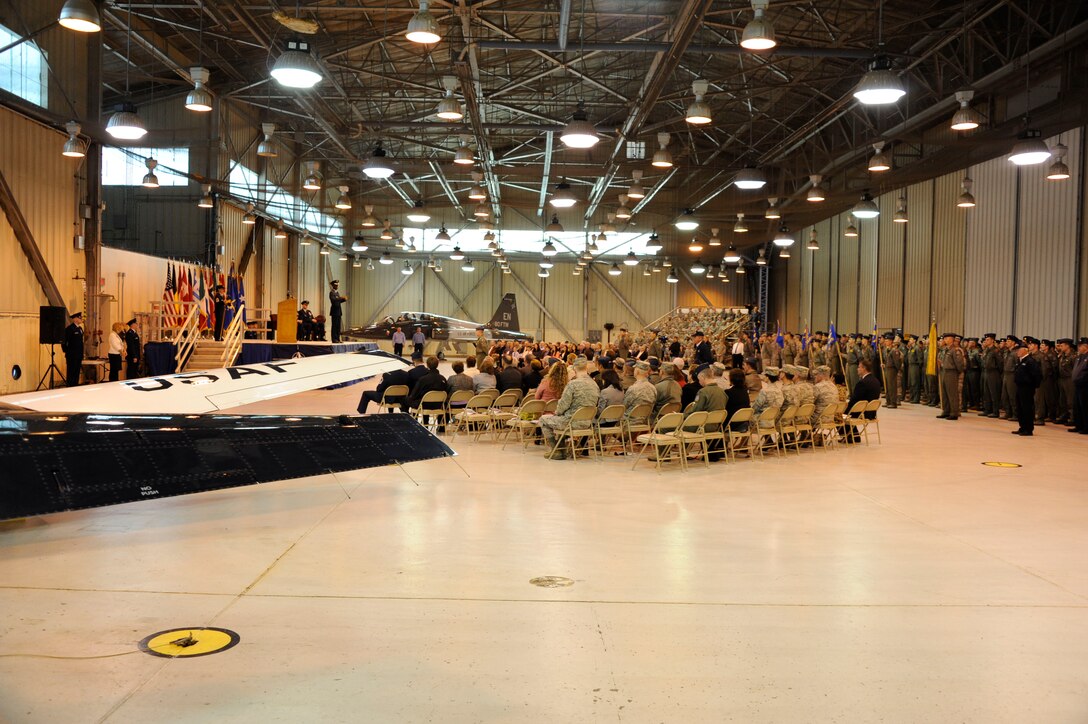 Gen. Edward A. Rice, commander of Air Education and Training Command, addresses the audience during the 80th Flying Training Wing change of command ceremony at Sheppard Air Force Base, Texas, March 28, 2013.  Col. Lance Bunch took command of the wing from Col. Dieter Bareihs. (U.S. Air Force photo/Danny Webb)