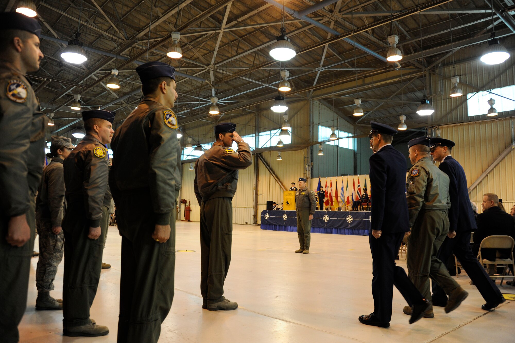 Lt. Col. Frank Arnold (far left front of formation), salutes outgoing 80th Flying Training Wing commander Col. Dieter Bareihs as he inspects the troops prior to the change of command ceremony at Sheppard Air Force Base, Texas, March 28, 2013.  Bareihs was accompanied by Col. Jamie Schofield, 80th FTW deputy commander and incoming commander Col. Lance Bunch. (U.S. Air Force photo/Felton Joshua)