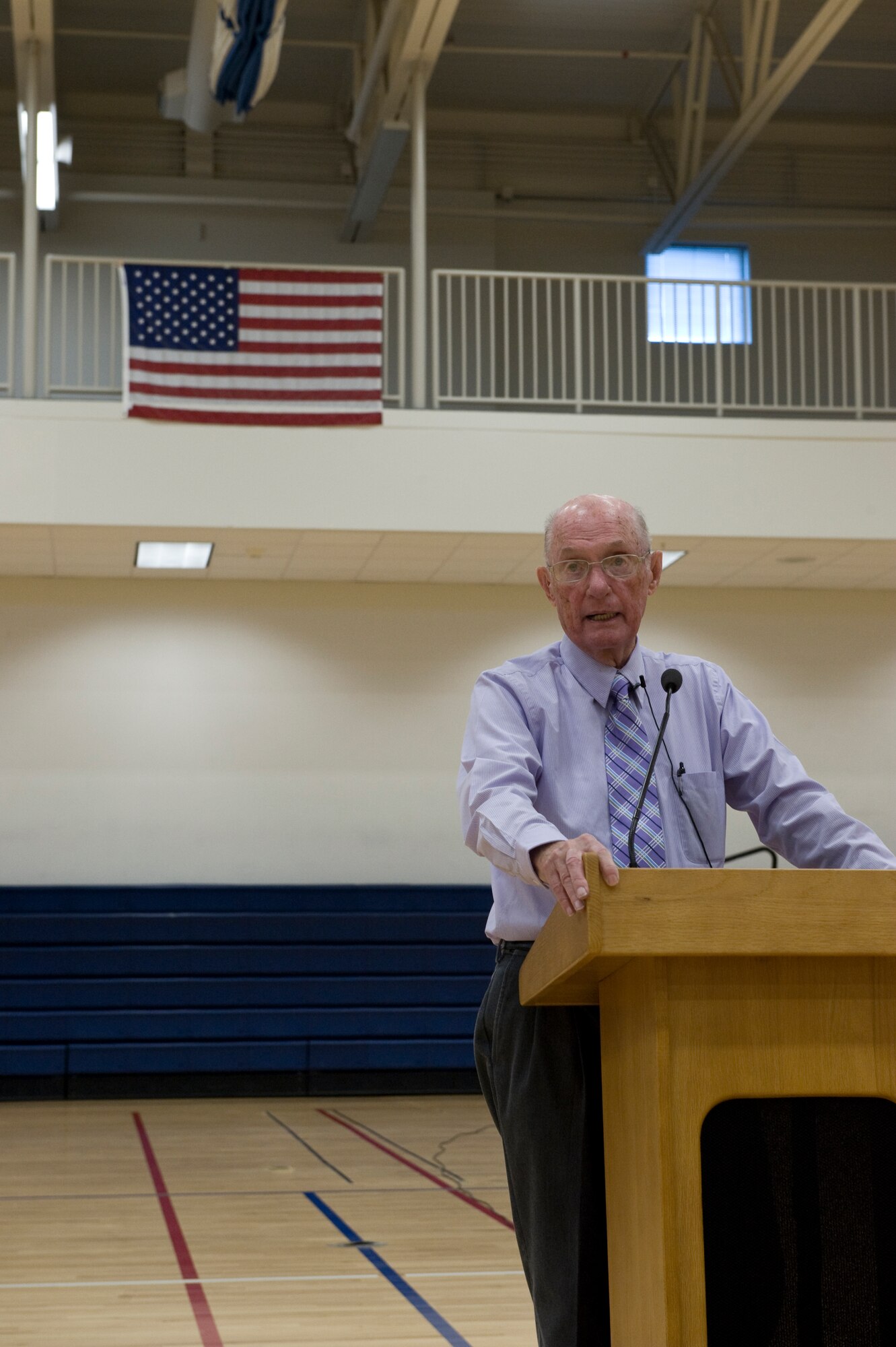 Retired Chief Master Sgt. of the Air Force James M. McCoy addresses Airmen March 26, 2013, at Buckley Air Force Base, Colo. McCoy has visited several bases across the Air Force recently encouraging and motivating Airmen to continue through these hard financial times. (U.S. Air Force photo by Senior Airman Phillip Houk/Released)