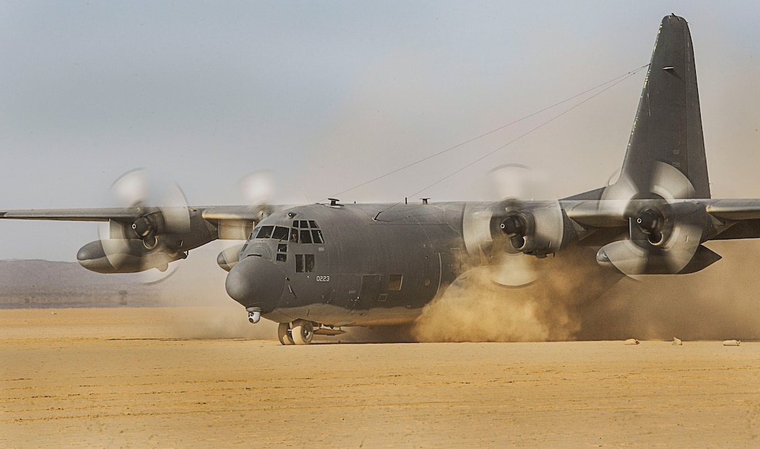 A U.S. Air Force MC-130P Combat Shadow from the 81st Expeditionary Rescue Squadron (EQRS) prepares to take off during a training exercise in the Grand Bara Desert, Djibouti, March 5, 2013. The 81st ERQS conducts regular training exercises in support of Combined Joint Task Force-Horn of Africa. (U.S. Air Force photo by Staff Sgt. Devin Doskey/Released)