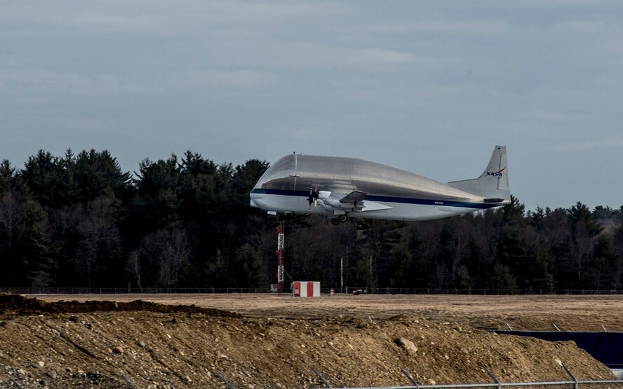 HANSCOM AIR FORCE BASE, Mass. – NASA’s Super Guppy aircraft takes off March 28. The plane was here to deliver a heat shield for the Orion spacecraft to Textron Defense Systems in Wilmington, Mass., to have a protective coating applied to it. (U.S. Air Force photo by Walter Santos)