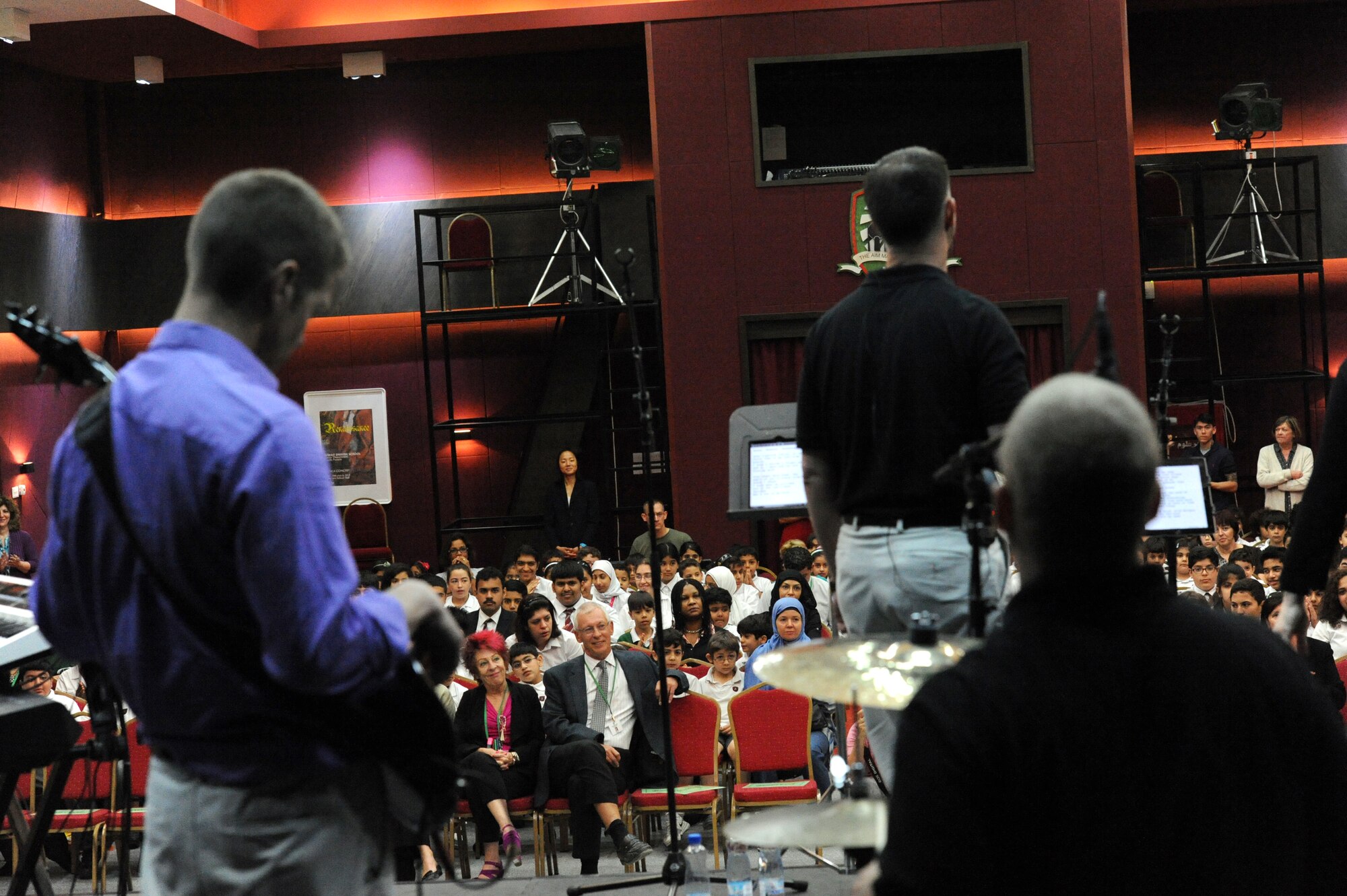 The U.S. Air Forces Central Command Band “Vector” performed for more than 250 students and teachers at a host nation school in Southwest Asia Mar 28, 2013. The AFCENT Band tours throughout the AOR to positively promote troop morale, diplomacy and outreach to host nation communities. (U.S. Air Force photo by Senior Master Sgt. George Thompson)