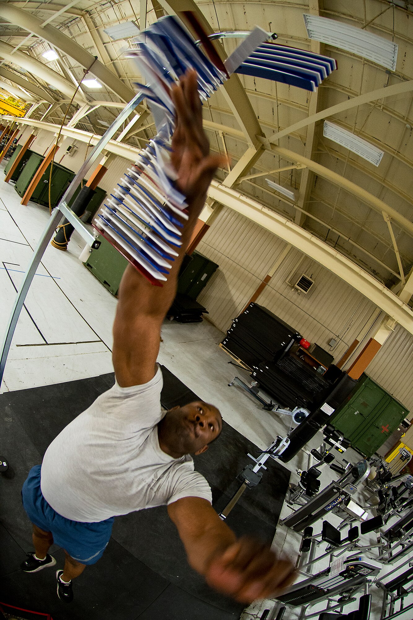 U.S. Air Force Staff Sgt. Vincent Just, 823d Base Defense Squadron fireteam leader, completes a vertical jump during a fitness assessment March 22, 2013, at Moody Air Force Base, Ga. Vertical jumps evaluate explosive power and correlates with leg strength, sprinting speed and other leg-power activities. (U.S. Air Force photo by Staff Sgt. Jamal D. Sutter/Released)  