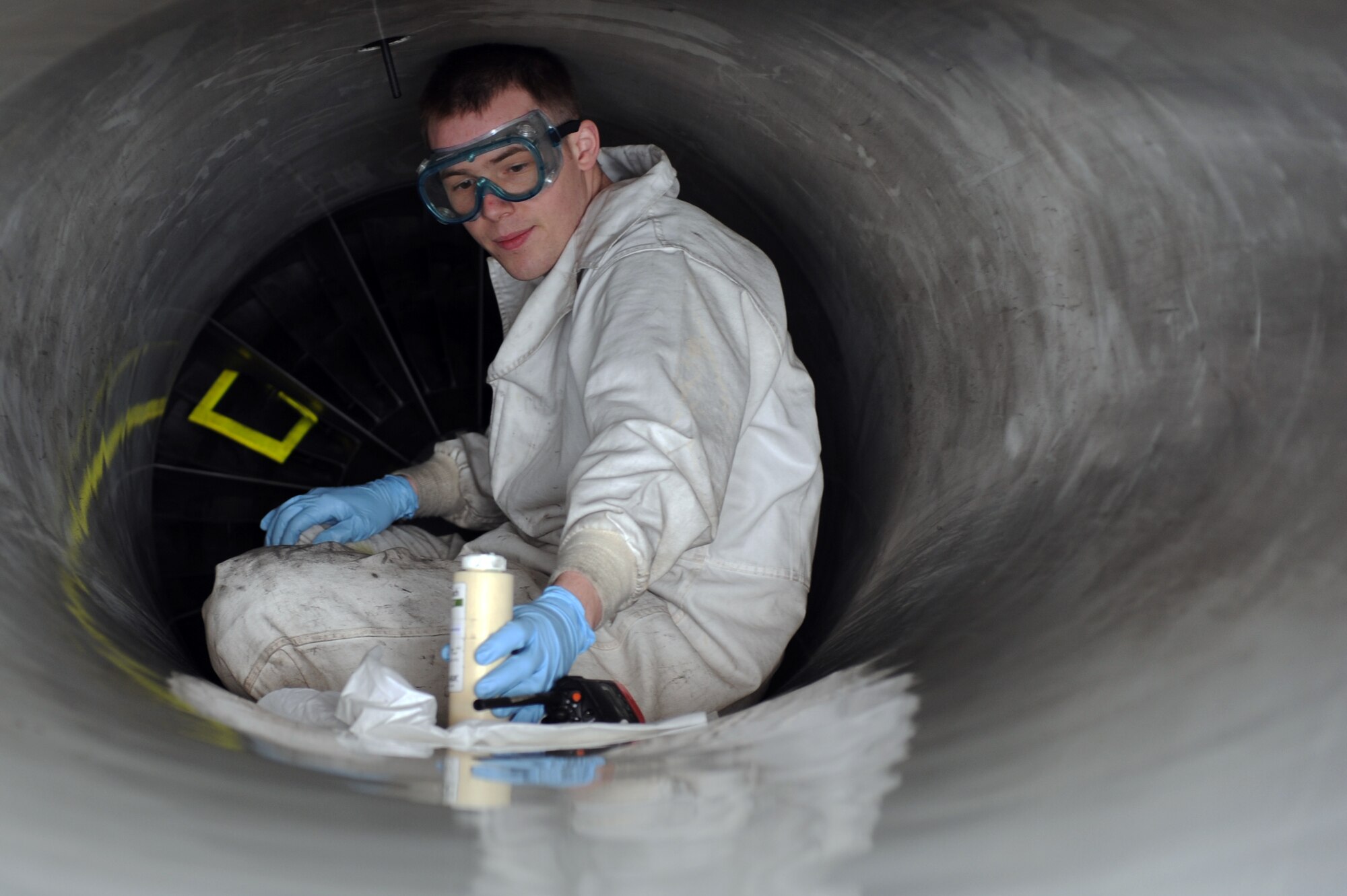 U.S. Air Force Senior Airman Timothy Schwenning, 35th Maintenance Squadron fabrication flight non-destructive inspection journeyman, performs an ultrasonic inspection on the fan blades of an F-16 Fighting Falcon at Misawa Air Base, Japan, March 27, 2013. Airmen from the non-destructive inspection section focus on the examination of aircraft parts to determine if they are operational. (U.S. Air Force photo by Airman 1st Class Kia Atkins)
