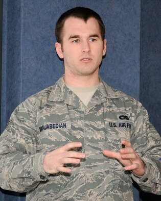 Staff Sgt. Andrew Varjabedian, 100th Logistics Readiness Squadron Air Transportation specialist from Lake Havasu City, Ariz., briefs personnel on proper procedures during the Equipment Preparation and Pallet Build-up class March 19, 2013, at RAF Mildenhall, England. Varjabedian trained assigned increment monitors on the process of pallet build-up from start to finish. (U.S. Air Force photo by Gina Randall/Released)