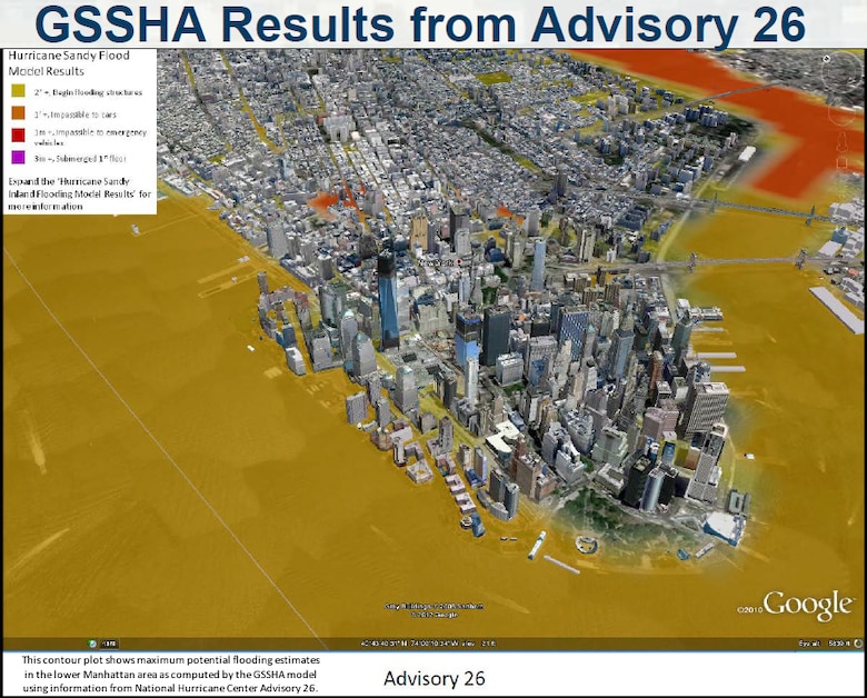 This contour plot shows maximum potential flooding estimates in the lower Manhattan area as computed by the GSSHA model using information from National Hurricane Center Advisory 26.