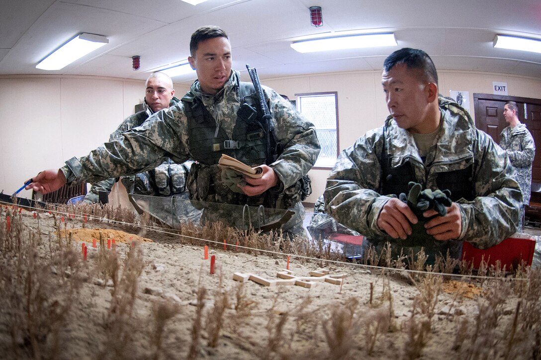 Army Capt. Michael Cain, left, and Army 1st Sgt. Thinh Huynh review a sand table of a weapons range before leading infantry squads through an exercise on Fort Bragg, N.C., March 24, 2013. Cain and Huynh, paratroopers, are assigned to the 82nd Airborne Division’s Company D, 2nd Battalion, 504th Parachute Infantry Regiment, 1st Brigade Combat Team.