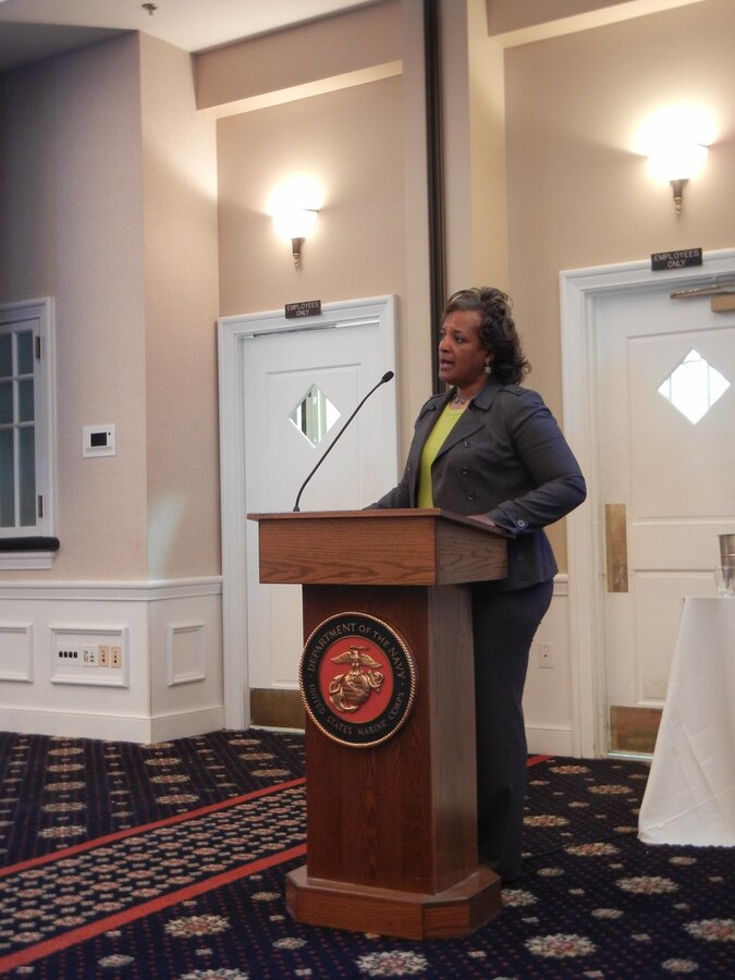 Dr. Valerie Martin-Stewart, engineer, author, minister and former professional basketball player, speaks to Quantico personnel about overcoming internal barriers to success March 27 at The Clubs at Quantico.