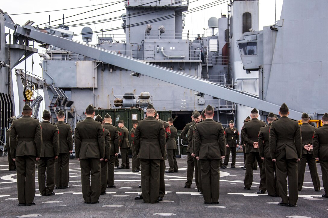 Marines from 26th Marine Expeditionary Unit (MEU) conduct a Service A uniform inspection aboard the USS Carter Hall (LSD 50) while at sea March 29, 2013. The Marines will wear their uniforms during a social event while ported in Greece as part of their scheduled deployment to the 6th Fleet area of operation. The MEU operates continuously across the globe, providing the president and unified combatant commanders with a forward-deployed, sea-based quick reaction force. The MEU is a Marine Air-Ground Task Force capable of conducting amphibious operations, crisis response, and limited contingency operations.
(U.S. Marine Corps photo by Staff Sgt. Edward Guevara/Released)