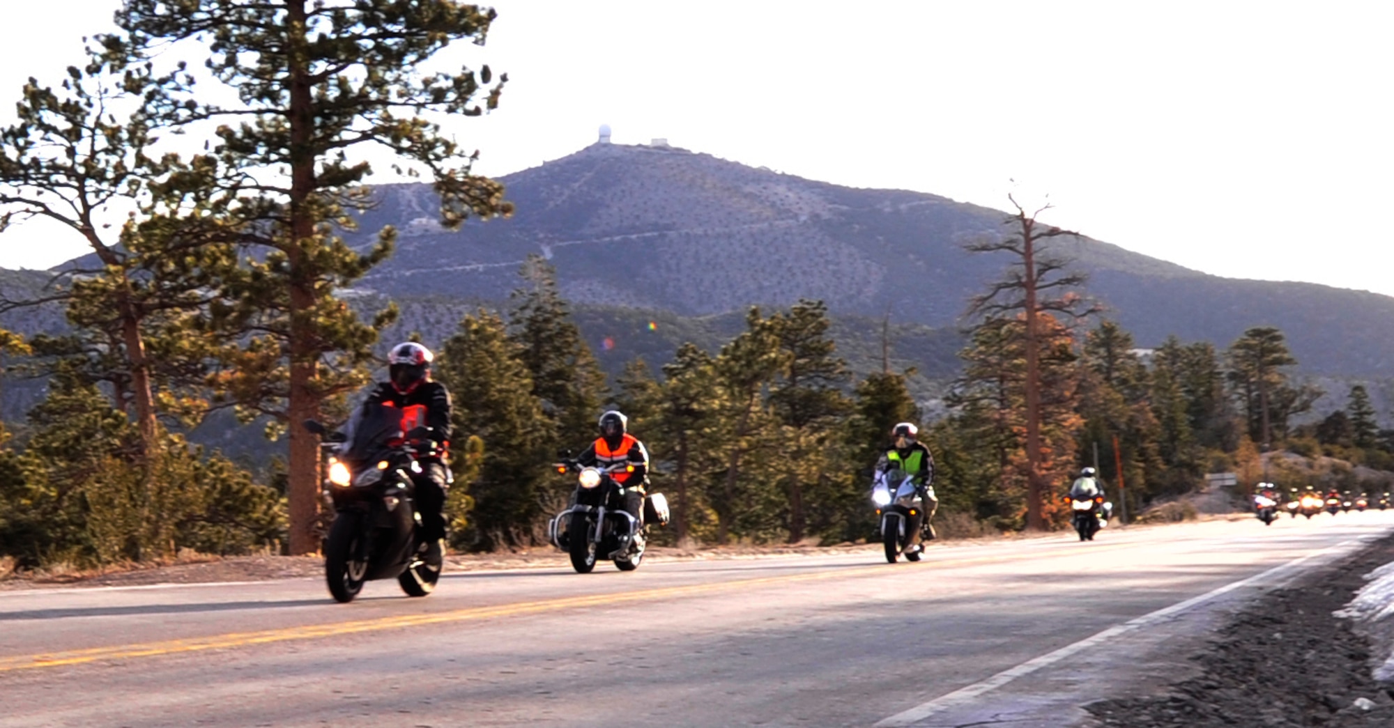 MT. CHARLESTON SCENIC BYWAY, Nev. -- U.S. Air Force Airmen participate in a mentorship ride along the Mt. Charleston Scenic Byway along Nevada Highway 158, March 25, 2013. Motorcyclists met prior to the ride to perform bike checks and receive a motorcycle safety briefing. (U.S. Air Force photo by Senior Airman A.K./Released)