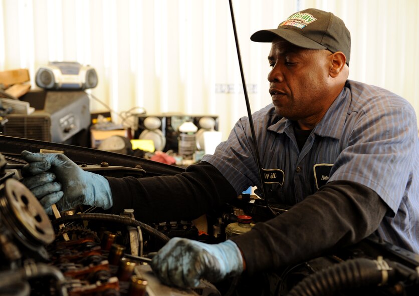 Will Young, Auto Hobby Shop mechanic, works on a vehicle on Barksdale Air Force Base, La., March 29. The shop gives Team Barksdale members a chance to work on their own vehicle or entrust them to a skilled mechanic. (U.S. Air Force photo/Airman 1st Class Benjamin Gonsier)